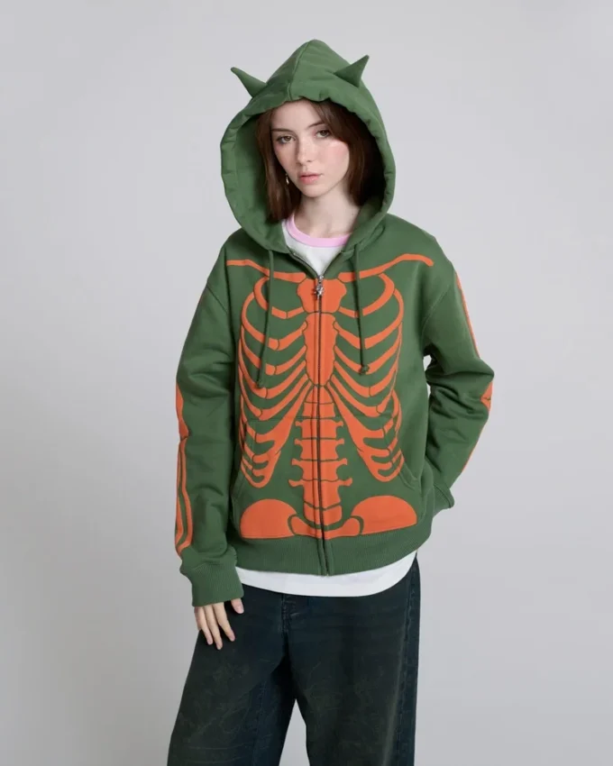 İskelet Fermuarlı Kapüşonlu Sweatshirt