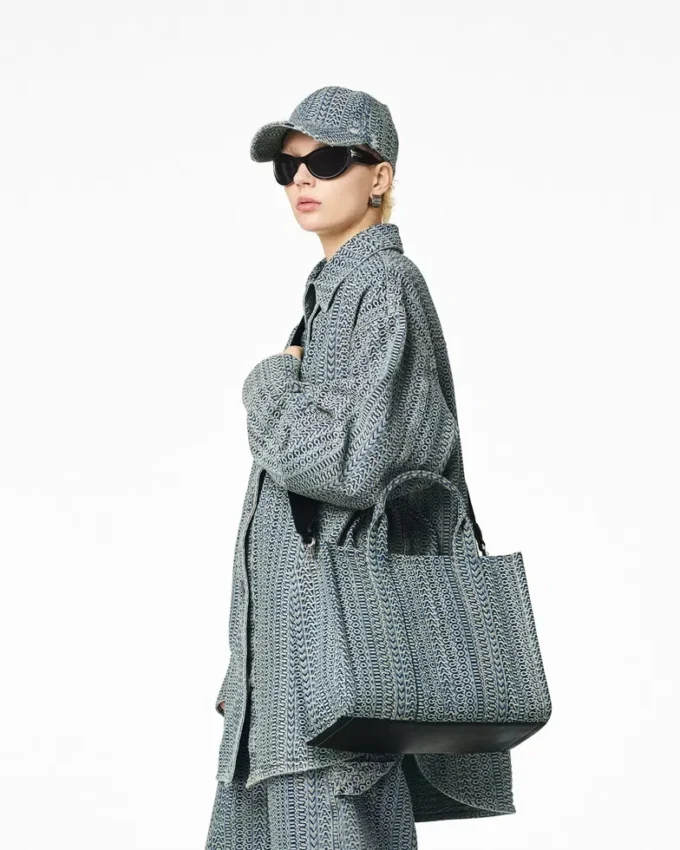 Yıkanmış Monogram Denim Orta Boy Tote Bag