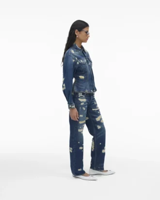 Yırtık ve Onarılmış Flüt Desenli Denim Ceket